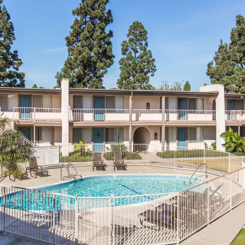 View of the pool at Sandpointe in Huntington Beach, California