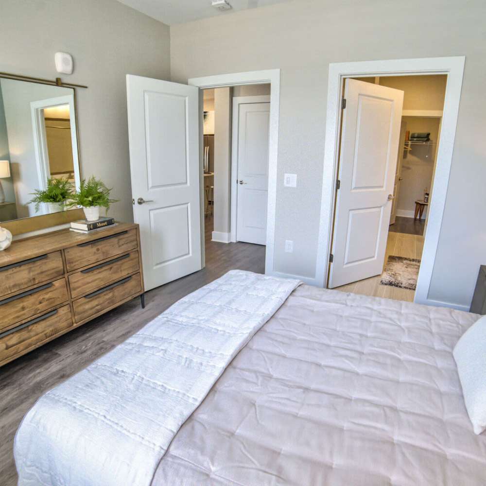 Bedroom with attached washroom at Avonlea Pointe in Duluth, Georgia