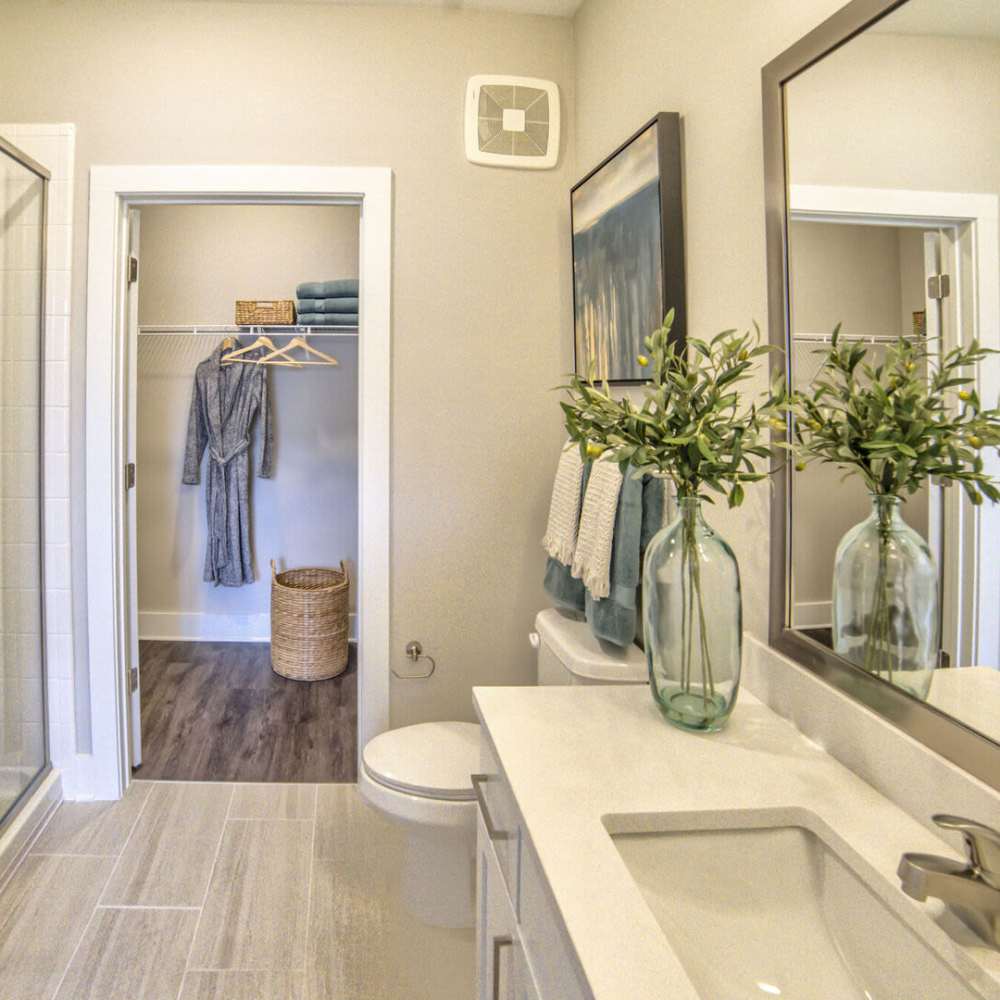 Bathroom with vanity mirror at Avonlea Pointe in Duluth, Georgia