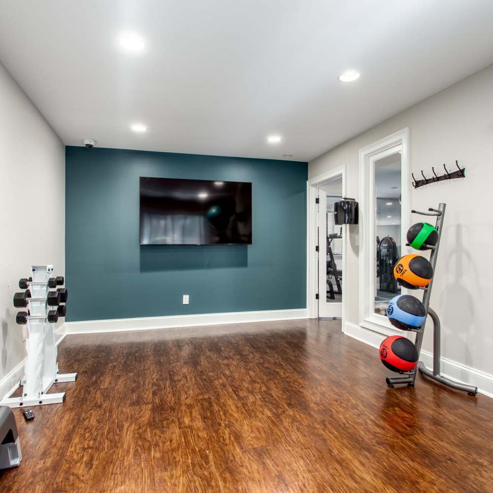 Spacious gym with wall-mounted TV and fitness equipment at Avonlea Riverside in Atlanta, Georgia