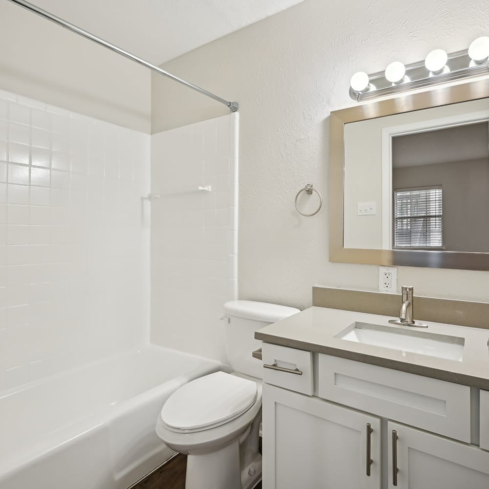Updated bathroom with modern fixtures and bright lighting at Woodlands of Plano in Plano, Texas