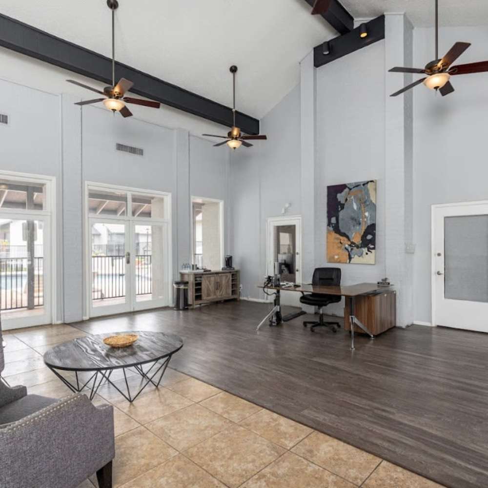 Clubhouse with large windows at Woodlands of Plano in Plano, Texas
