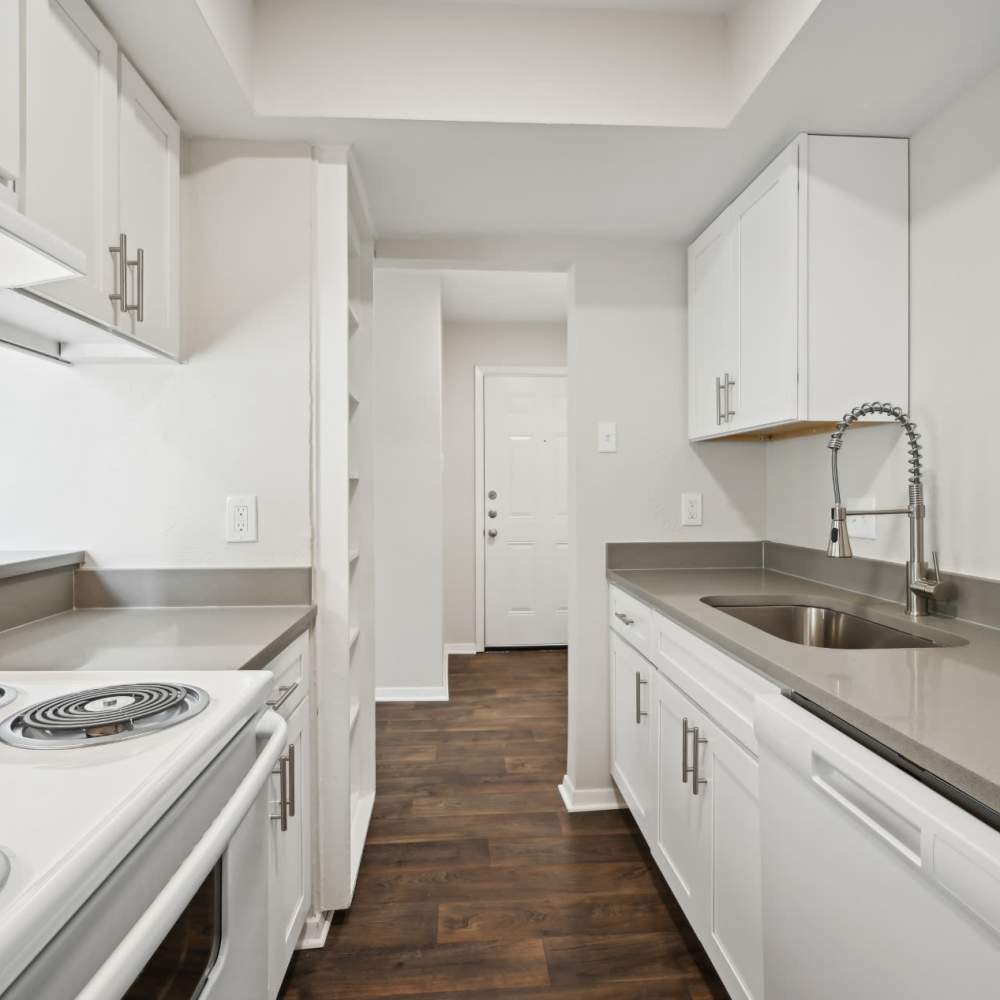 Upgraded kitchen with sleek cabinets and modern fixtures at Woodlands of Plano in Plano, Texas