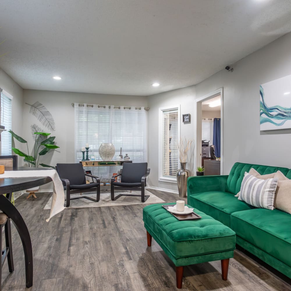 Clubhouse with comfortable couch at Lake Meadows in Garland, Texas