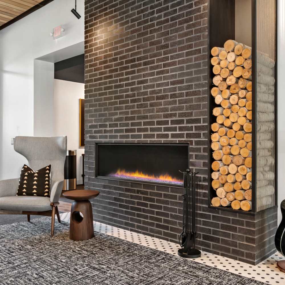 Clubhouse with modern fireplace at Metropolitan Flats in Saint Louis, Missouri