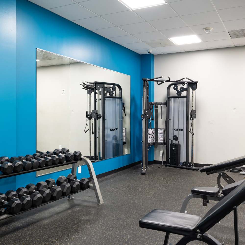 Community fitness center showcasing the several weights at Del Coronado Apartments in St. Louis, Missouri
