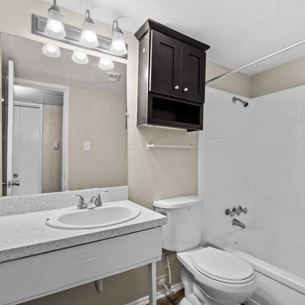 Bright bathroom with a large mirror at Oakwood in Dallas,Texas