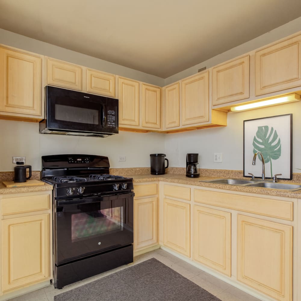 Model kitchen with wood cabinets and black appliances at Jackson Park Terrace in Chicago, Illinois