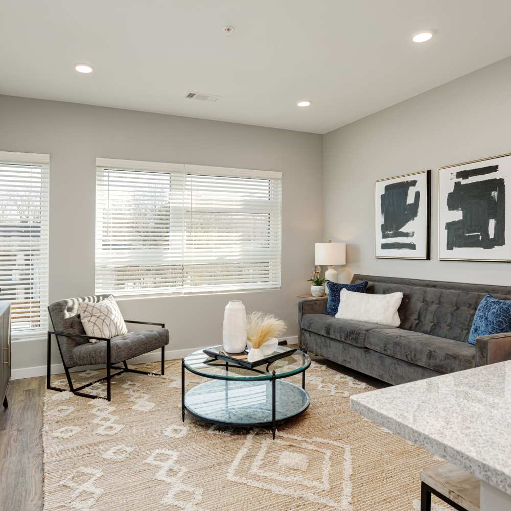 Bright living room with decor at 7 at Seven Mile Creek in Nashville, Tennessee