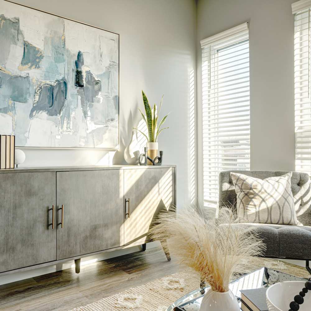 Modern cabinet with abstract artwork at 7 at Seven Mile Creek in Nashville, Tennessee