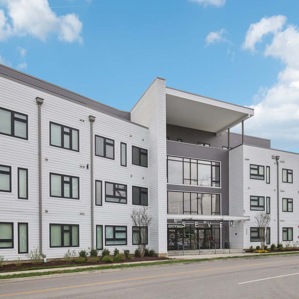 Modern apartment building exterior view at 7 at Seven Mile Creek in Nashville, Tennessee