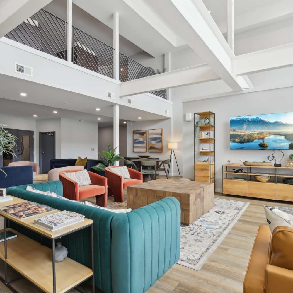 Colorful lobby with modern seating at 7 at Seven Mile Creek in Nashville, Tennessee