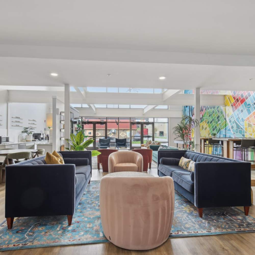 Spacious lounge with colorful décor at 7 at Seven Mile Creek in Nashville, Tennessee