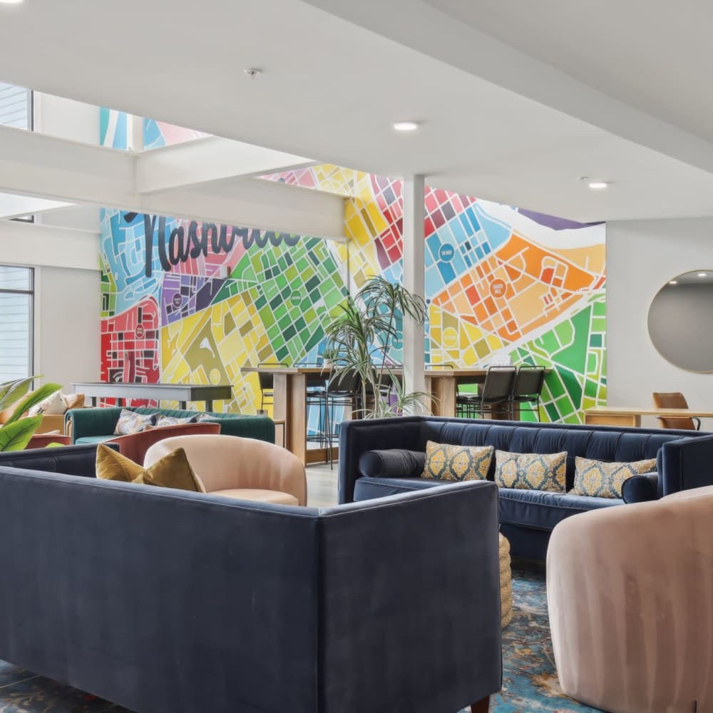 Colorful lounge with modern seating at 7 at Seven Mile Creek in Nashville, Tennessee