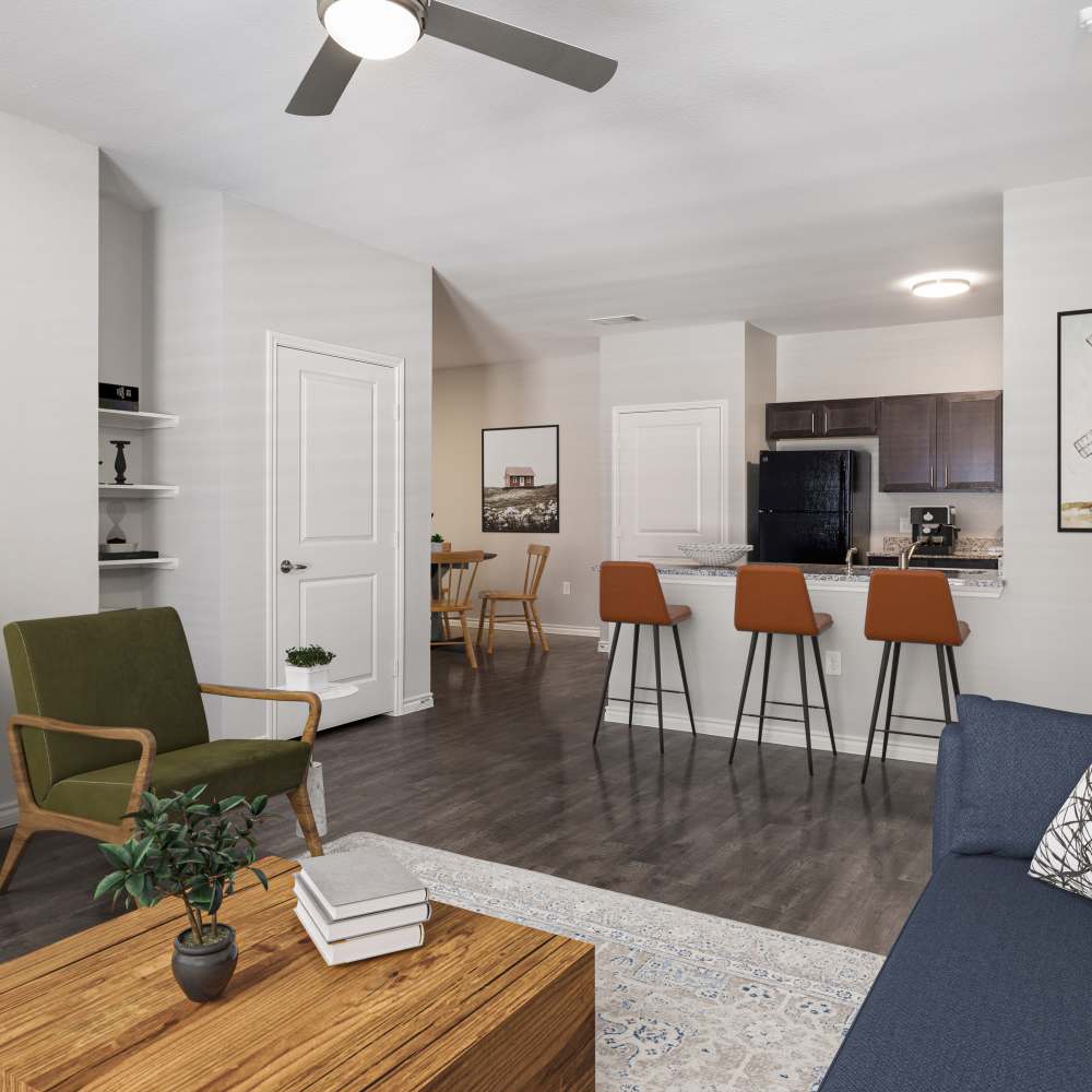 Kitchen and living room at Emerald Place in Lancaster, Ohio