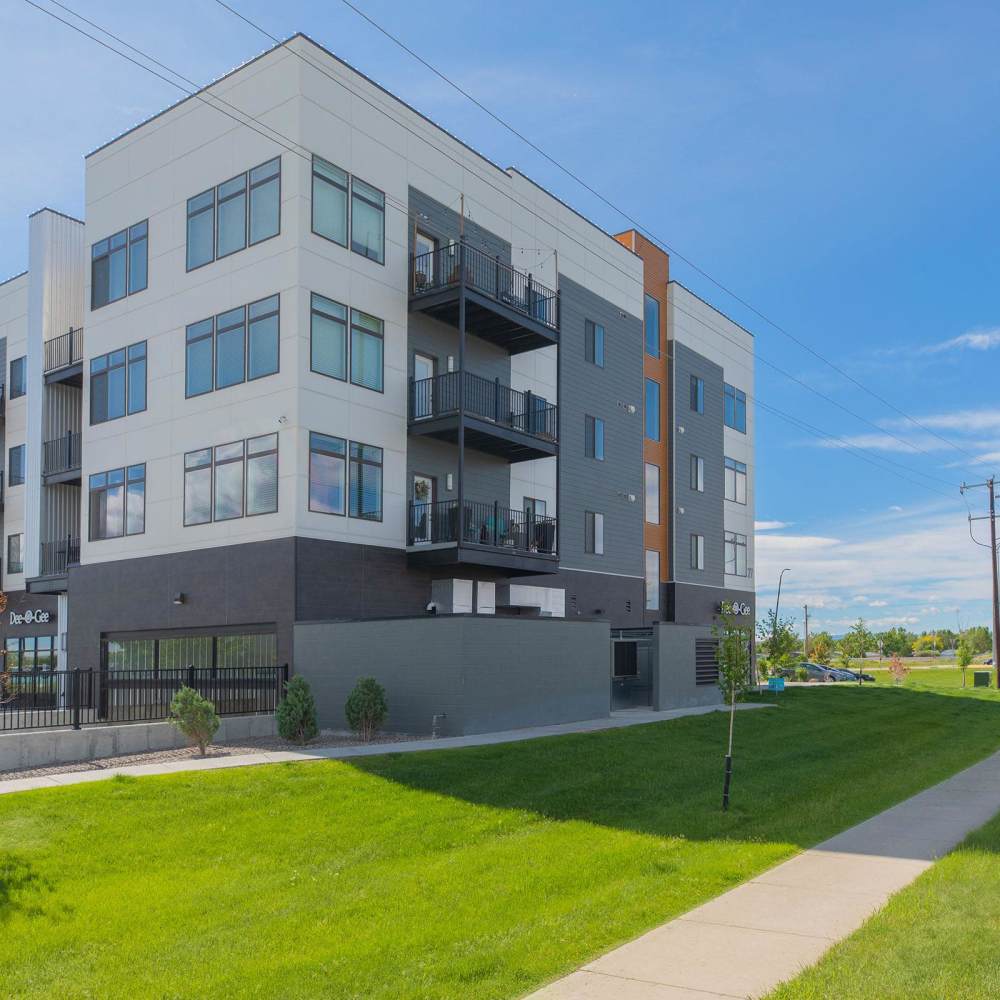 Community building with grassy lawn at Shiloh Commons in Billings, Montana
