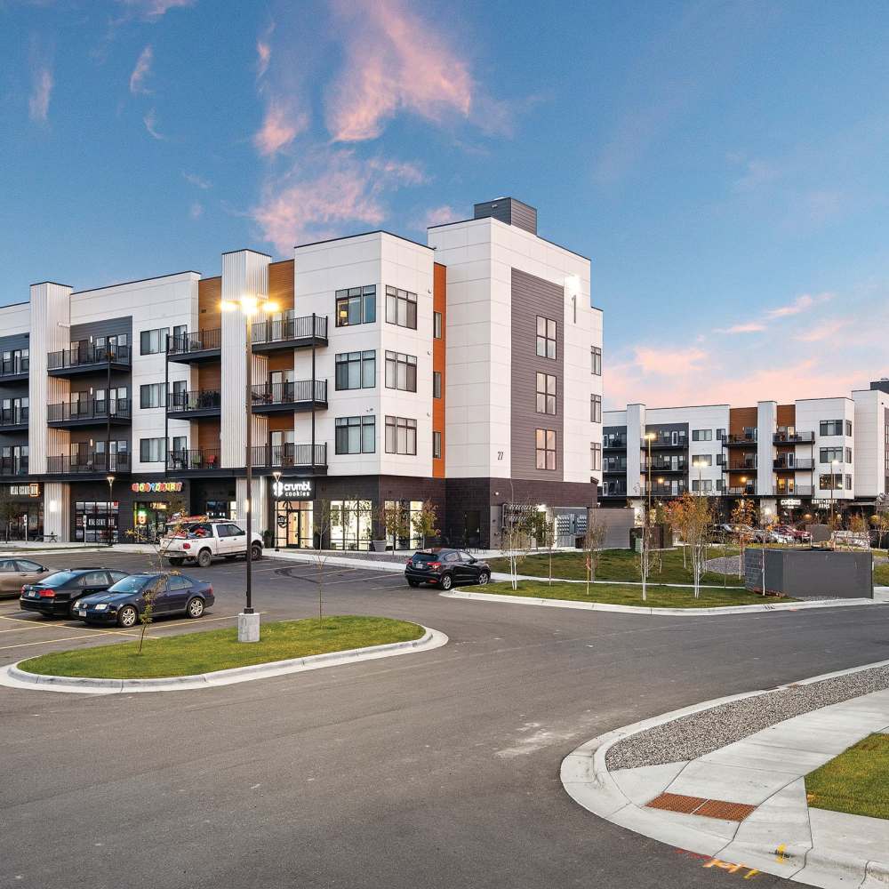 Community building with outside parking lot at Shiloh Commons in Billings, Montana