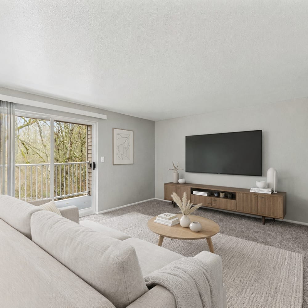 living room with gray carpet