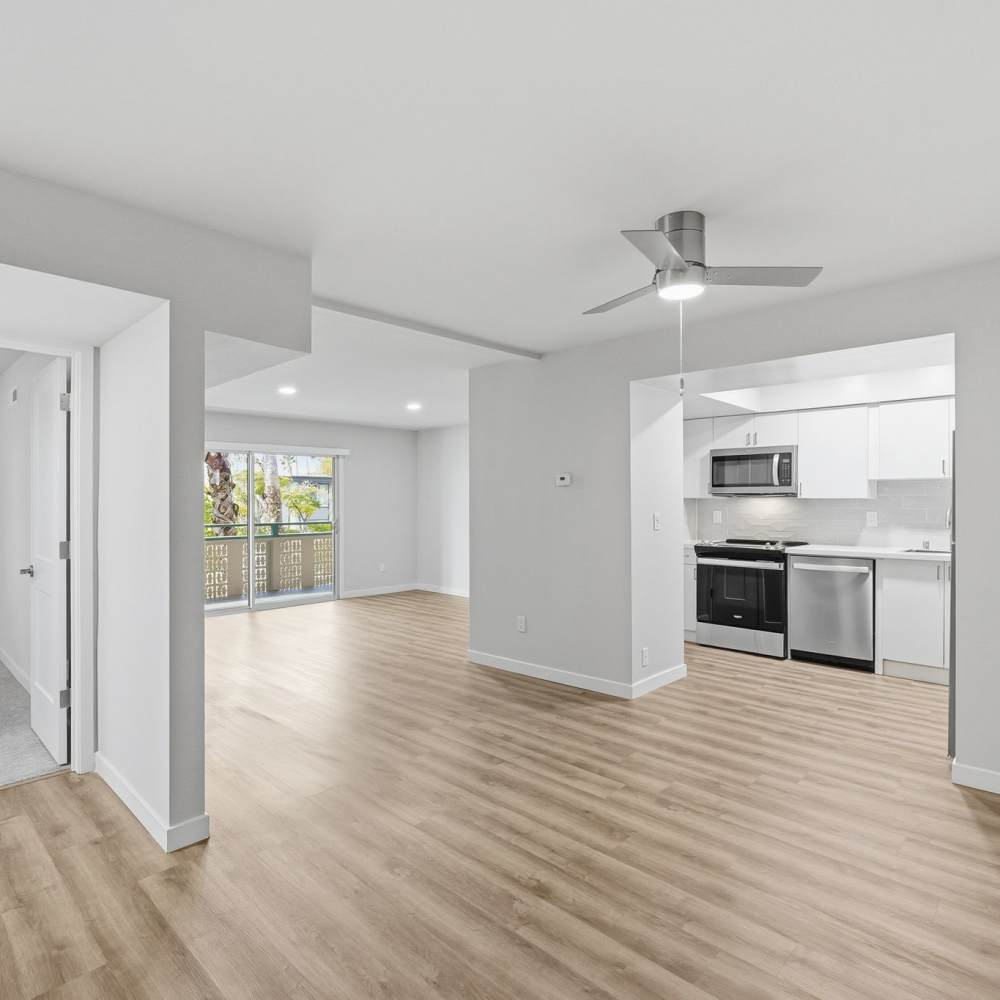Living room and kitchen at Fayette Arms Apartments in Mountain View, California