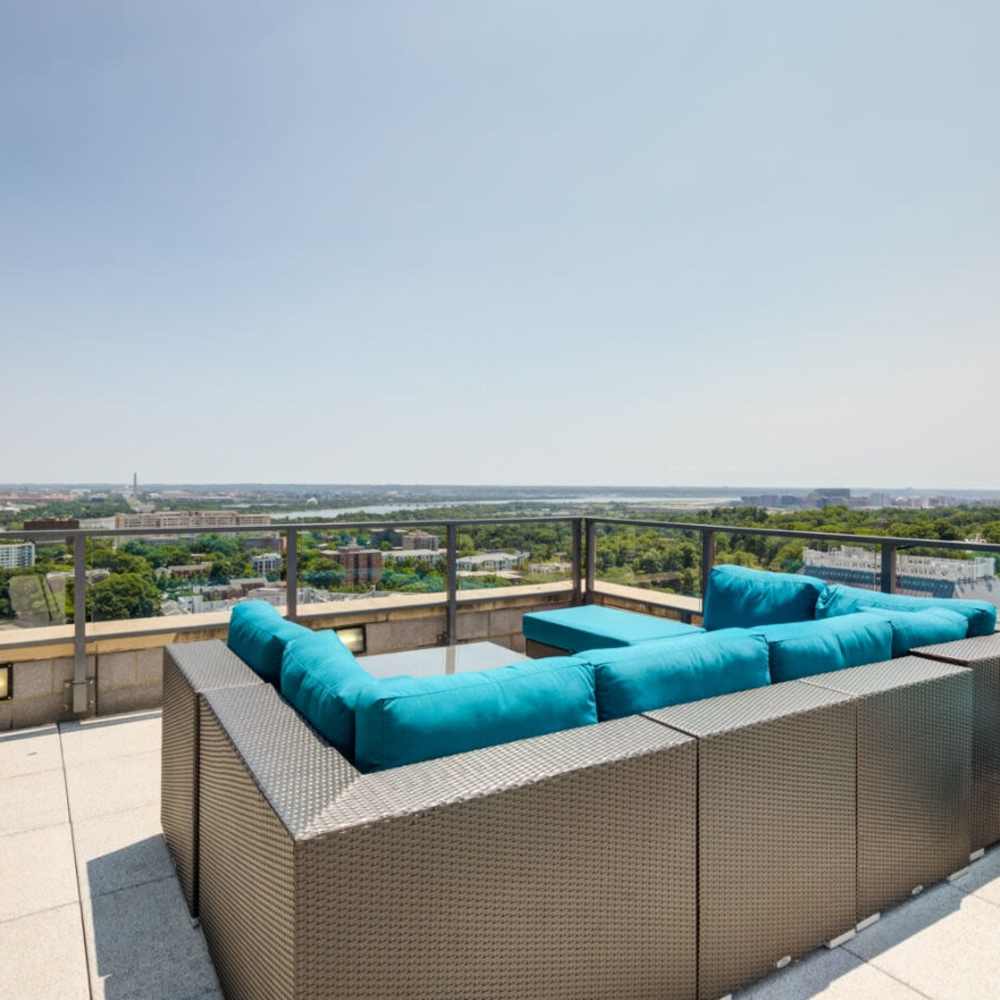 Rooftop seating area with views of the city at Tellus in Arlington, Virginia