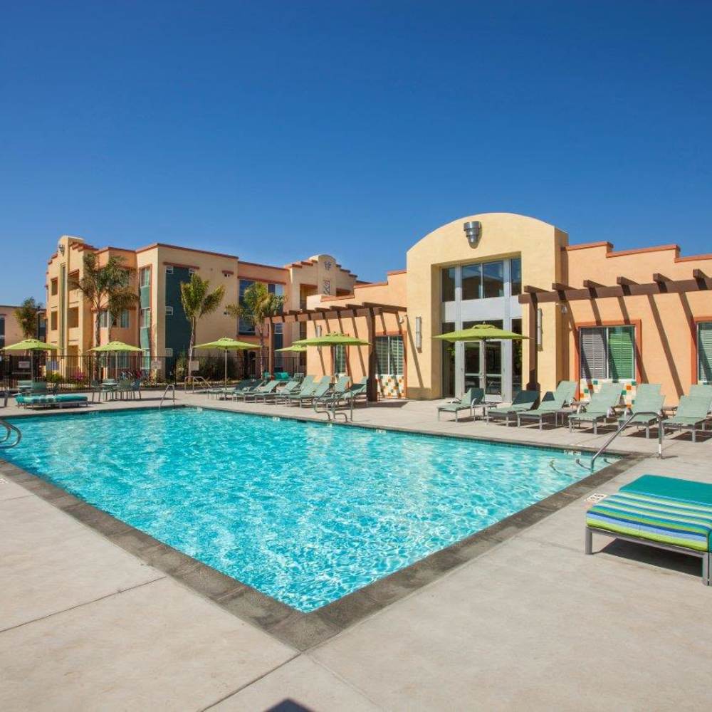 Well-maintained swimming pool at Hancock Terrace in Santa Maria, California