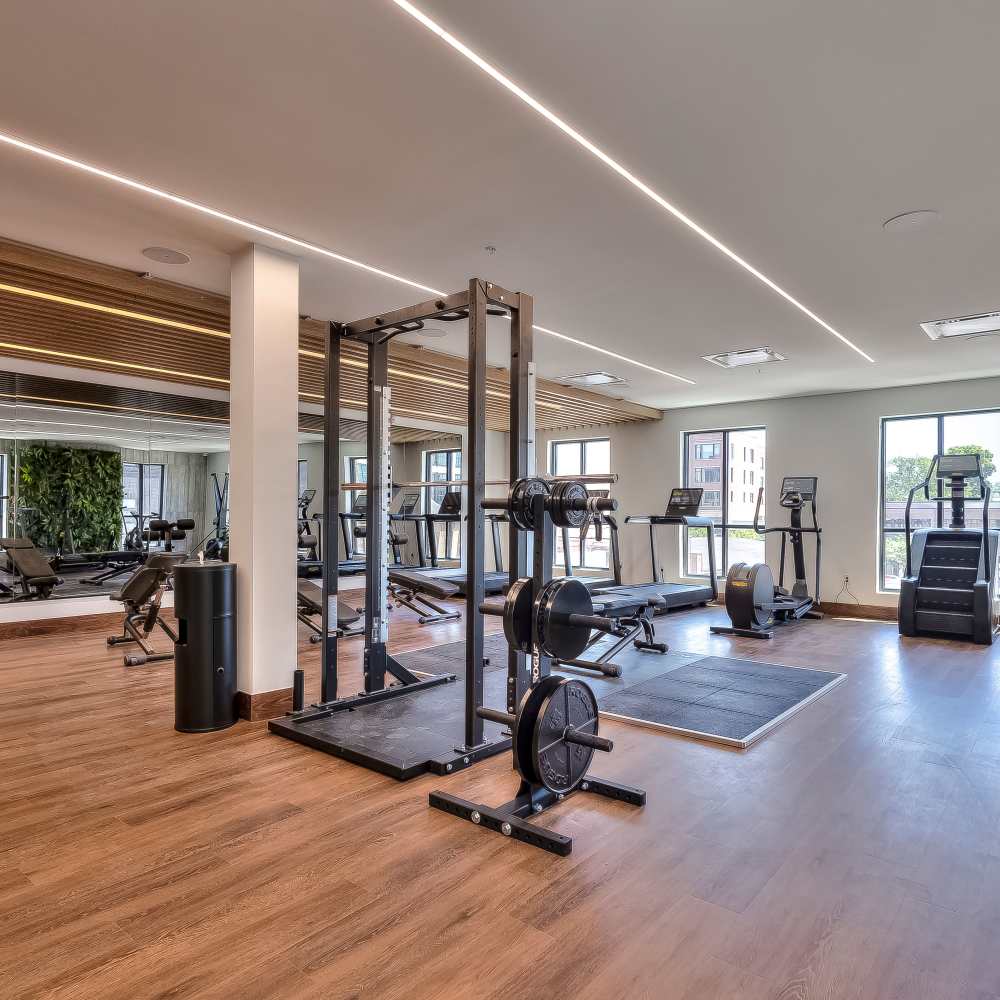 Spacious modern gym with sleek equipment and natural sunlight at Green|House Columbus in Columbus, Ohio