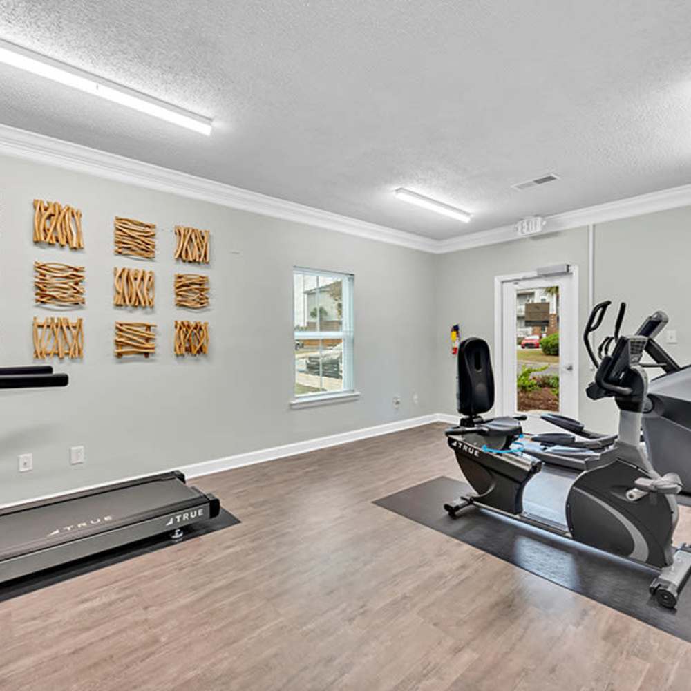 Small fitness room with treadmill, recumbent bike, wood-style flooring at Osprey Place Apartments in North Charleston, South Carolina  