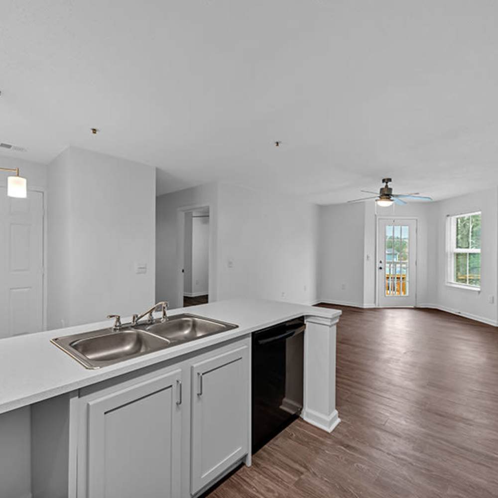 Bright kitchen with white counters, double sink, black dishwasher, and access to open living area with large windows, ceiling fan at Osprey Place Apartments in North Charleston, South Carolina