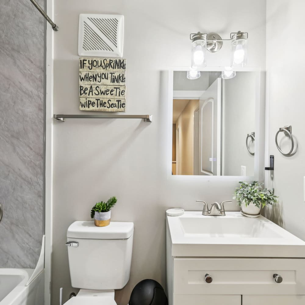 Well-lit bathroom with vanity and shower tub at The Ashley in Columbia,Tennessee