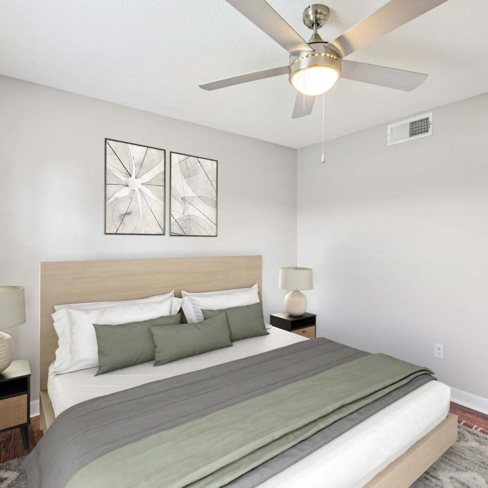 Cozy bedroom with ceiling fan at The Ashley in Columbia,Tennessee