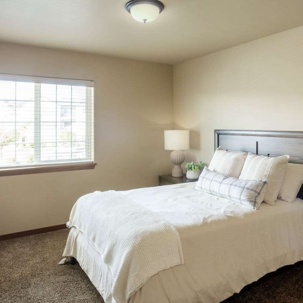 Bedroom with large windows and push carpeting at InterPointe Apartments in Billings, Montana