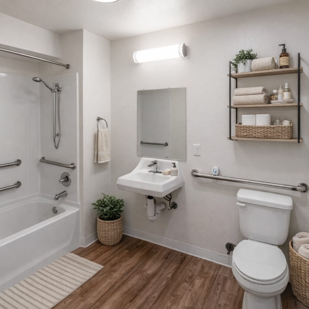 Model bathroom with a large shower and bath at Kings Villages in Pasadena, California