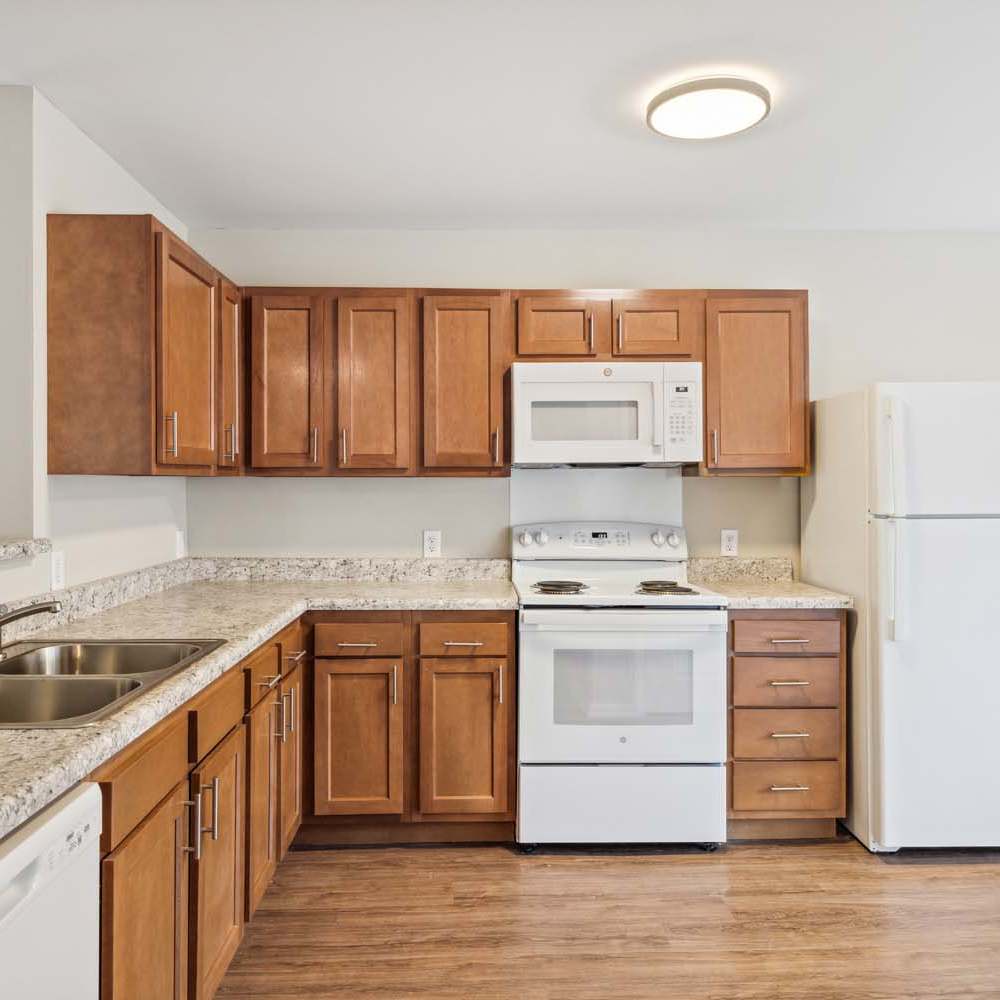 Modern kitchen with granite countertops, stainless steel appliances, and wood-style flooring at Woodbury Crossing in Corryton, Tennessee