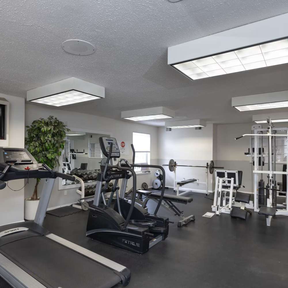 Fitness center withh various equipment at Village Green Apartments in Chesterfield, Missouri