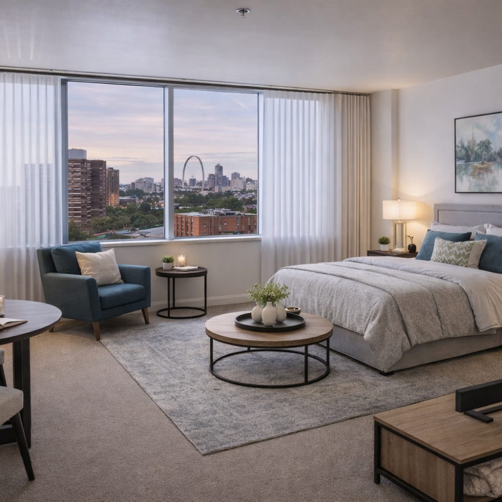 Studio with a single bed and living furniture at Council Tower Apartments in Saint Louis,Missouri
