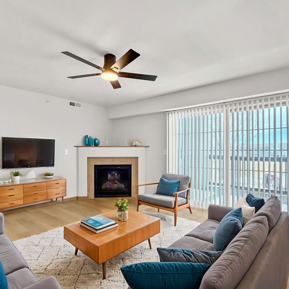 Living room with television at Prairie Bend in Cedar Rapids, Iowa 