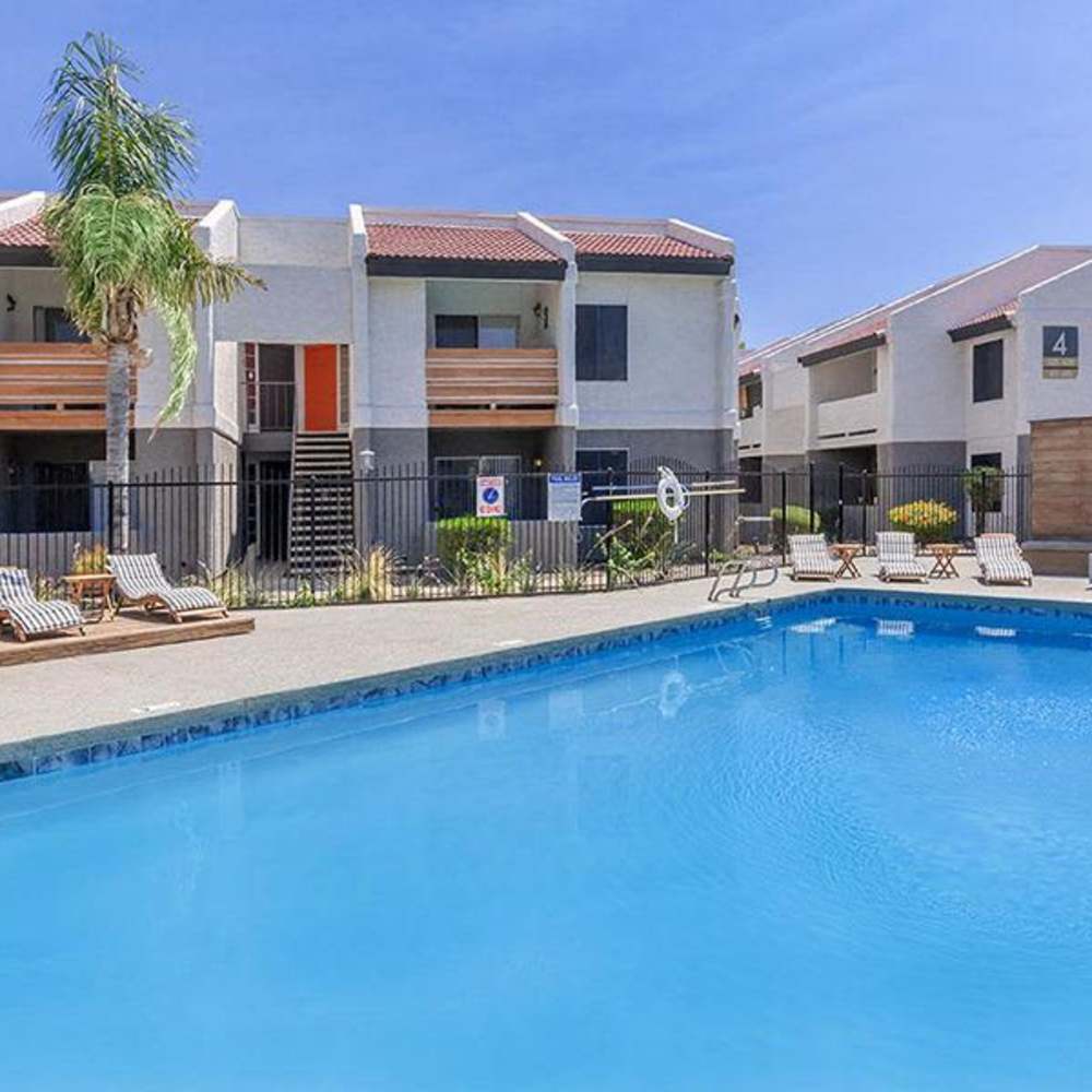 Sparkling pool surrounded by lounge chairs and palm trees near apartment community with gated entrance at Fairways on Thunderbird in Phoenix, Arizona