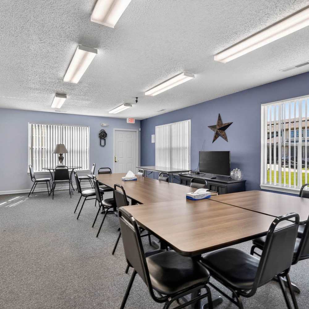 Bright community room with tables at Lake Towne Senior in Walbridge, Ohio