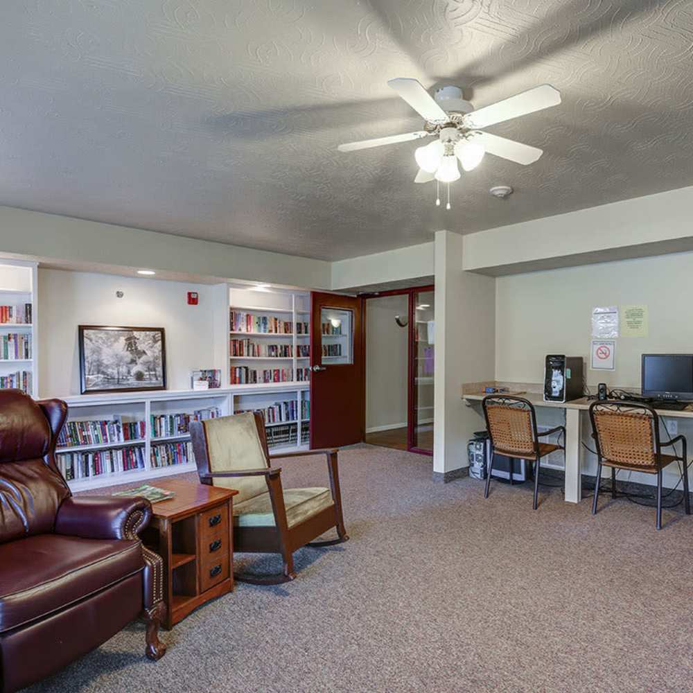 Cozy reading area with bookshelves at Meridian Greene I in Wintersville, Ohio