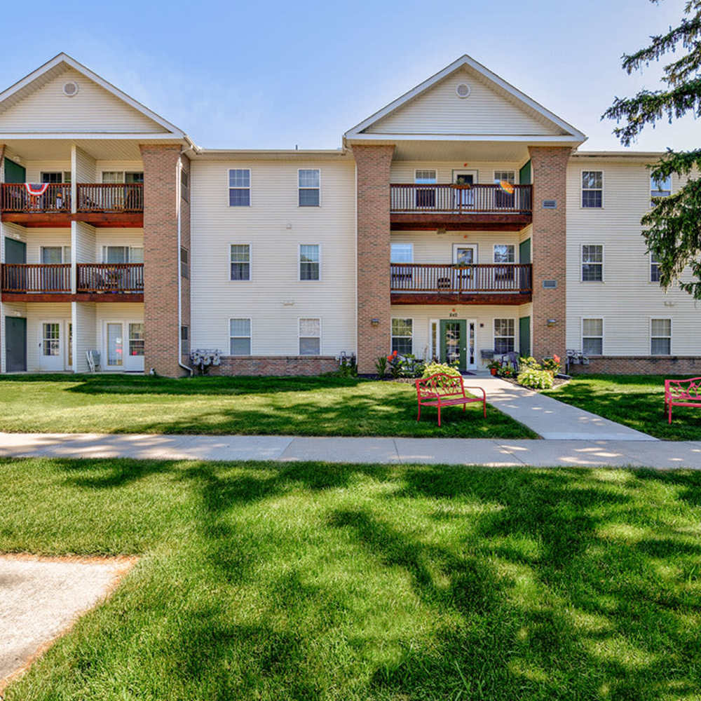 Building exterior with balconies at Tall Trees in Tiffin, Ohio