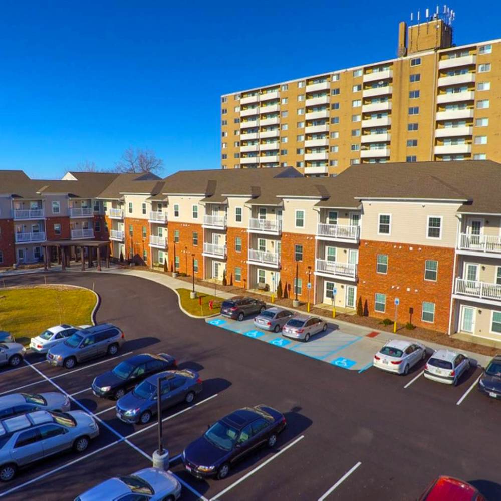 Aerial view of the community at Willoughbeach Terrace Senior Living in Willowick, Ohio 