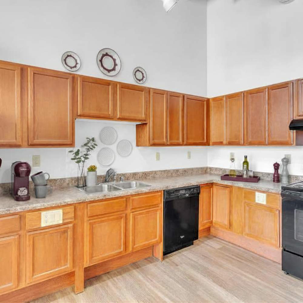 Kitchen with wooden cabinetry, range and dishwasher at 700 Lofts in Milwaukee, Wisconsin
