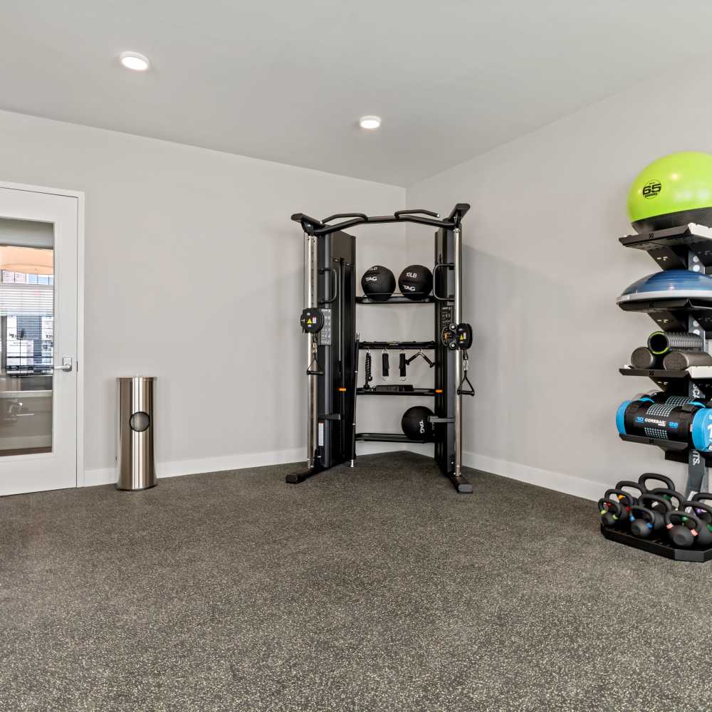 Fitness center with gym equipment at The Warwick at Foundry Creek in Richmond, Virginia