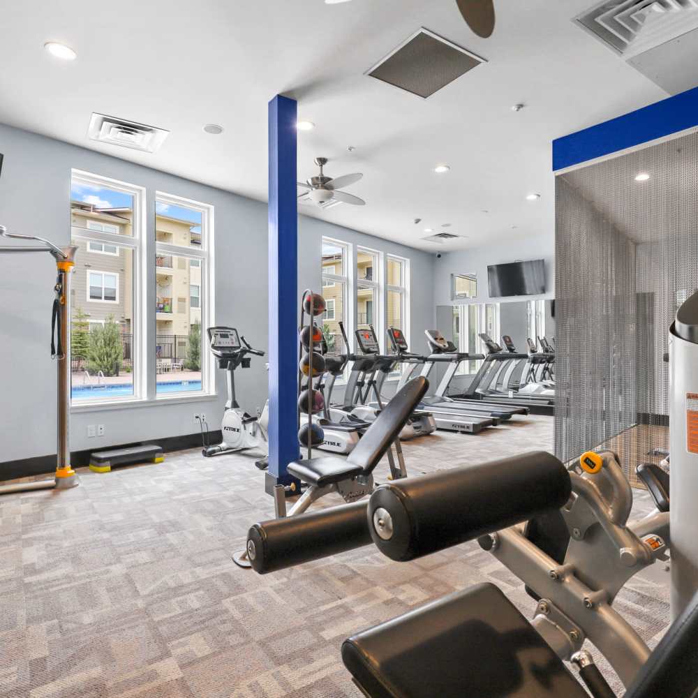 Fitness center with large window at Westlink at Oak Station Apartments in Lakewood, Colorado