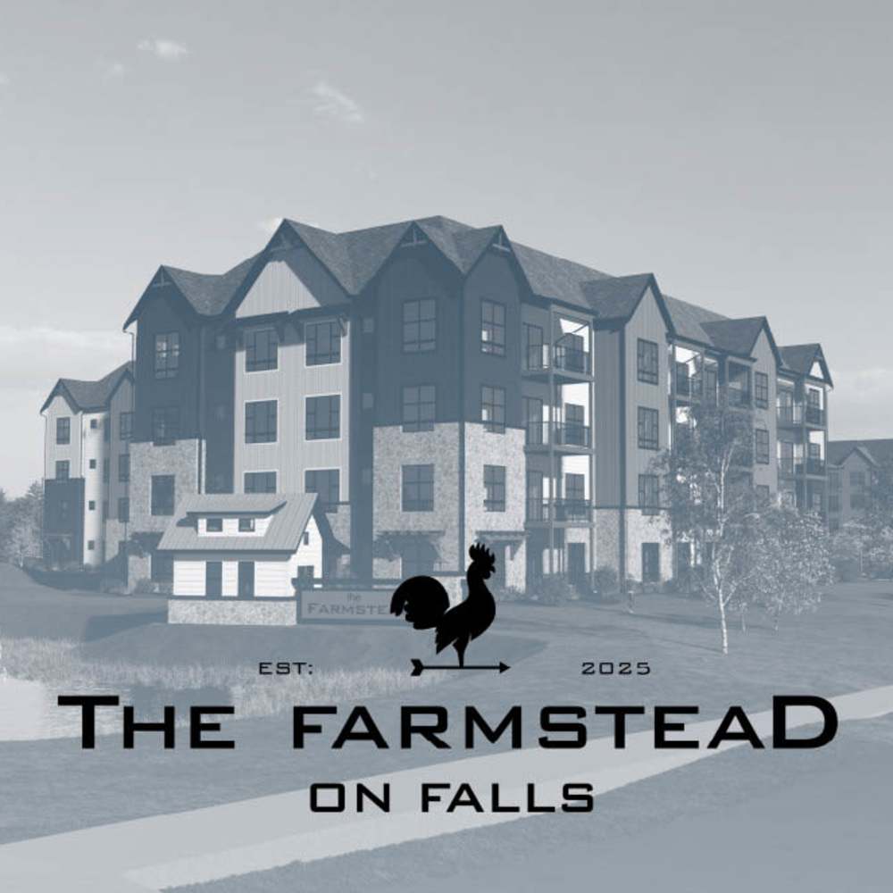 Exterior building with lush landscaping at Farmstead on Falls in Grafton, Wisconsin