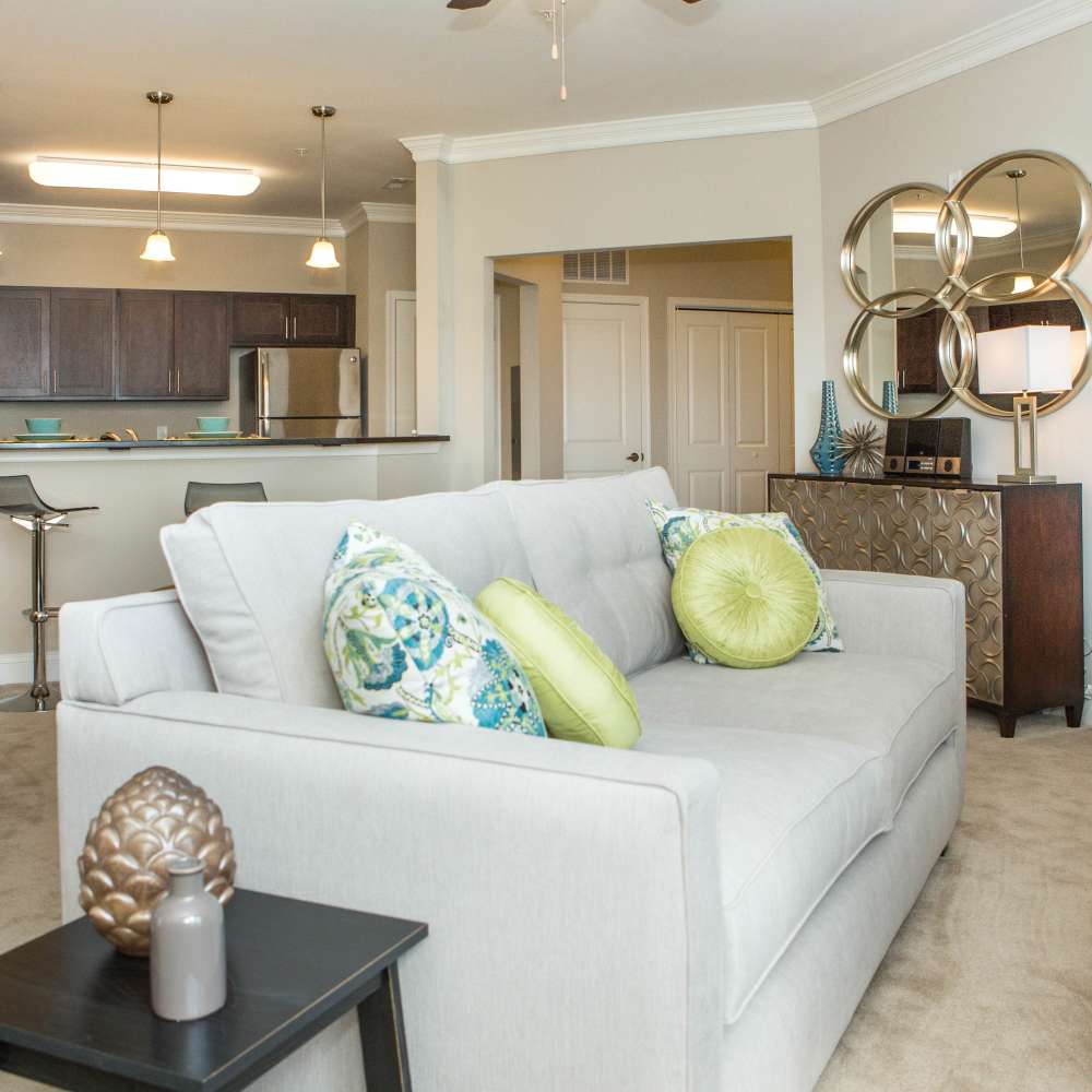 Living room with sofa at The Apartments at Goose Creek in Fishersville, Virginia