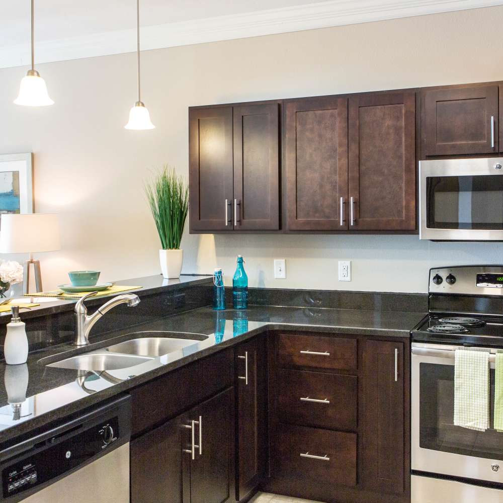 Kitchen with raised breakfast countertop  at The Apartments at Goose Creek in Fishersville, Virginia
