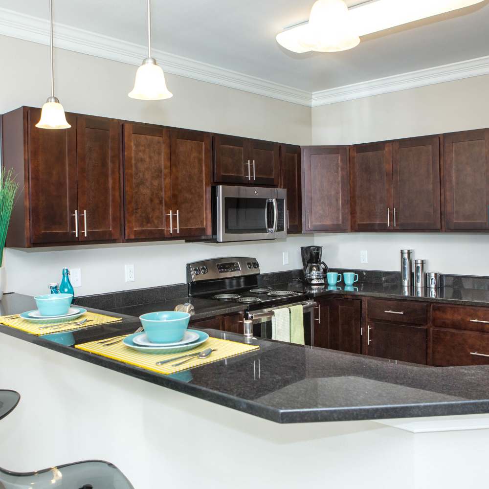 Kitchen with hanging light  at The Apartments at Goose Creek in Fishersville, Virginia