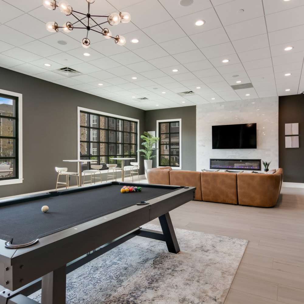 Clubhouse with billiard table and fireplace at The Knoll at Stone View in Ruckersville, Virginia