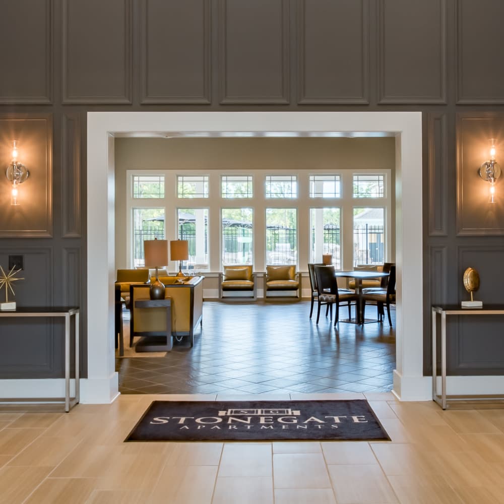 Clubhouse entrance with seating area at Stonegate at the Crossroads in Zion Crossroads, Virginia